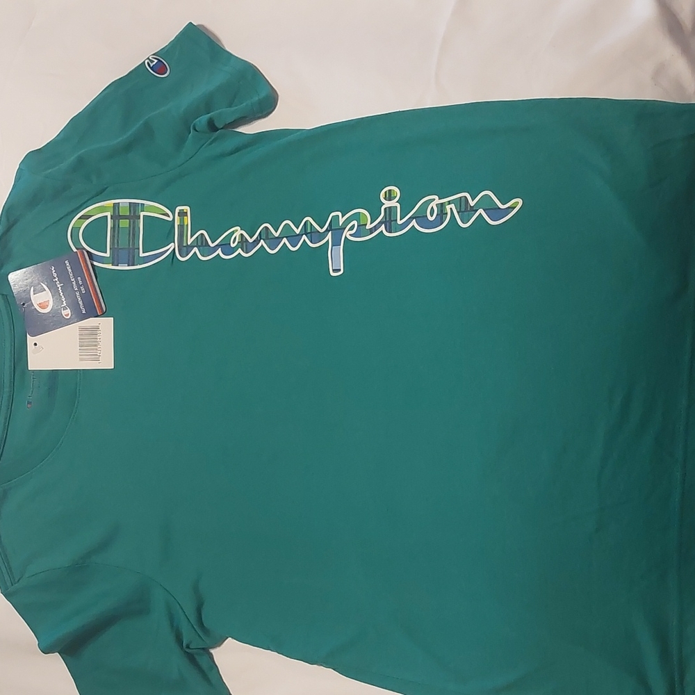 Boys Champion vertical plaid script tee size XL color:off the grid green